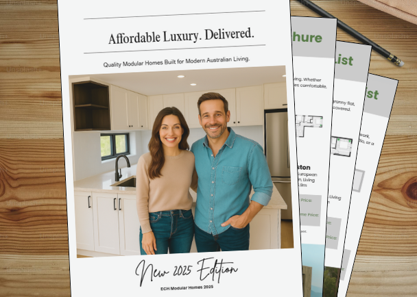 Brochure titled 'Affordable Luxury, Delivered' on a wooden surface with a camera and pen.