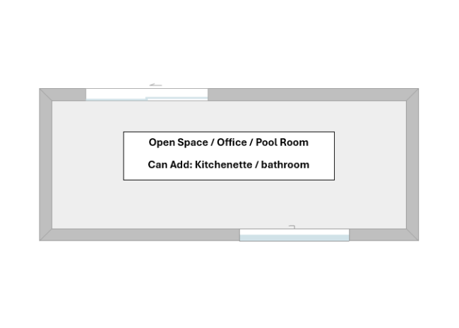Whiteboard with text 'Open Space / Office / Pool Room Can Add: Kitchenette / bathroom' on a white background