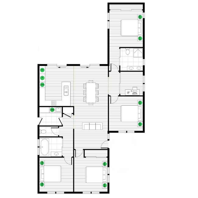 Floor plan of a house with labeled rooms on a white background