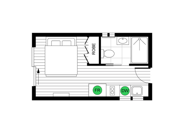 Floor plan of a small apartment layout with rooms labeled.