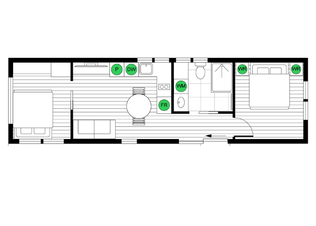 Floor plan of a modern apartment layout with green highlights on a white background