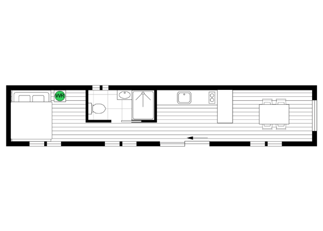 Floor plan of a modern kitchen with layout details on a white background
