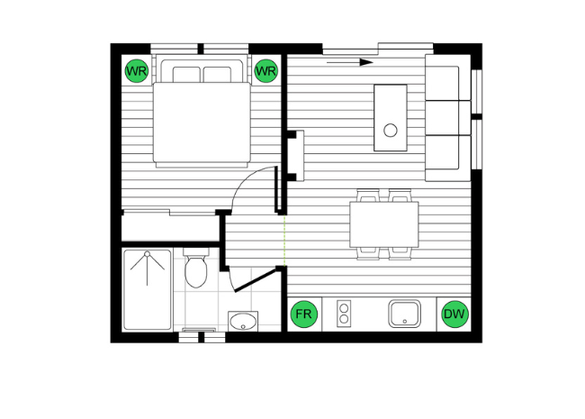 Floor plan of a small apartment layout with rooms labeled.