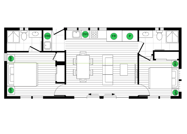 Floor plan of a house with labeled rooms and features on a white background