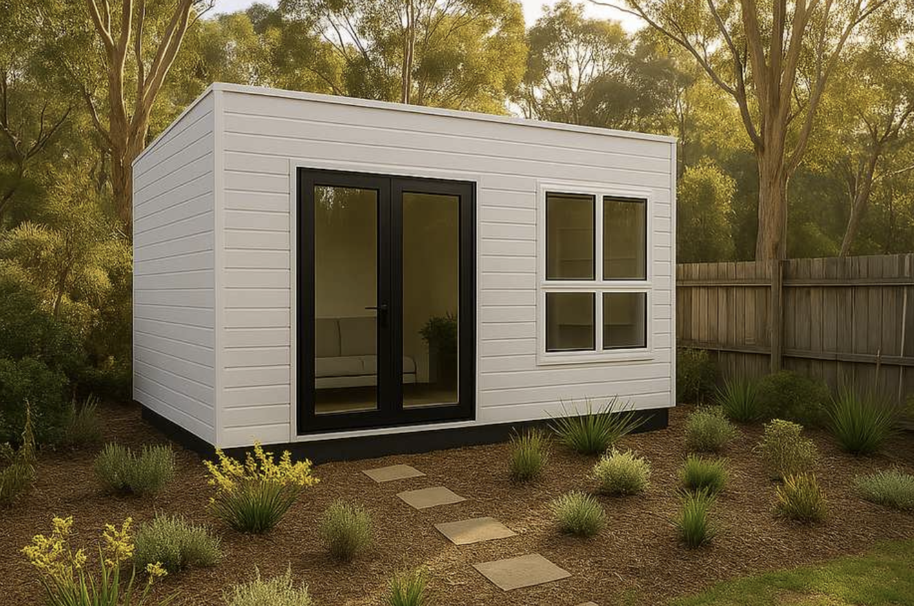 White garden shed with black-framed doors and windows, surrounded by greenery.