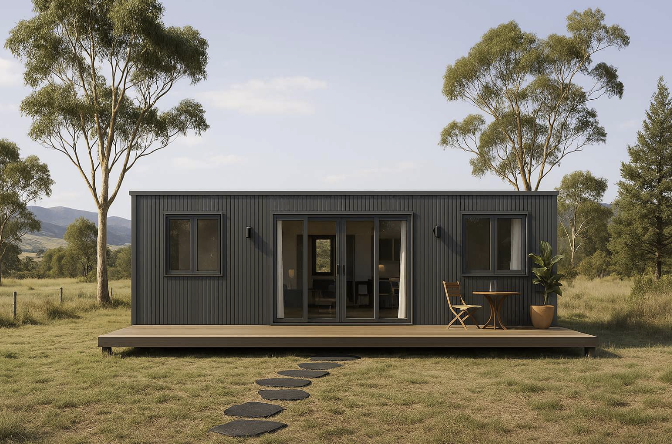 Modern blackprefab house in a rural setting with trees and open space.