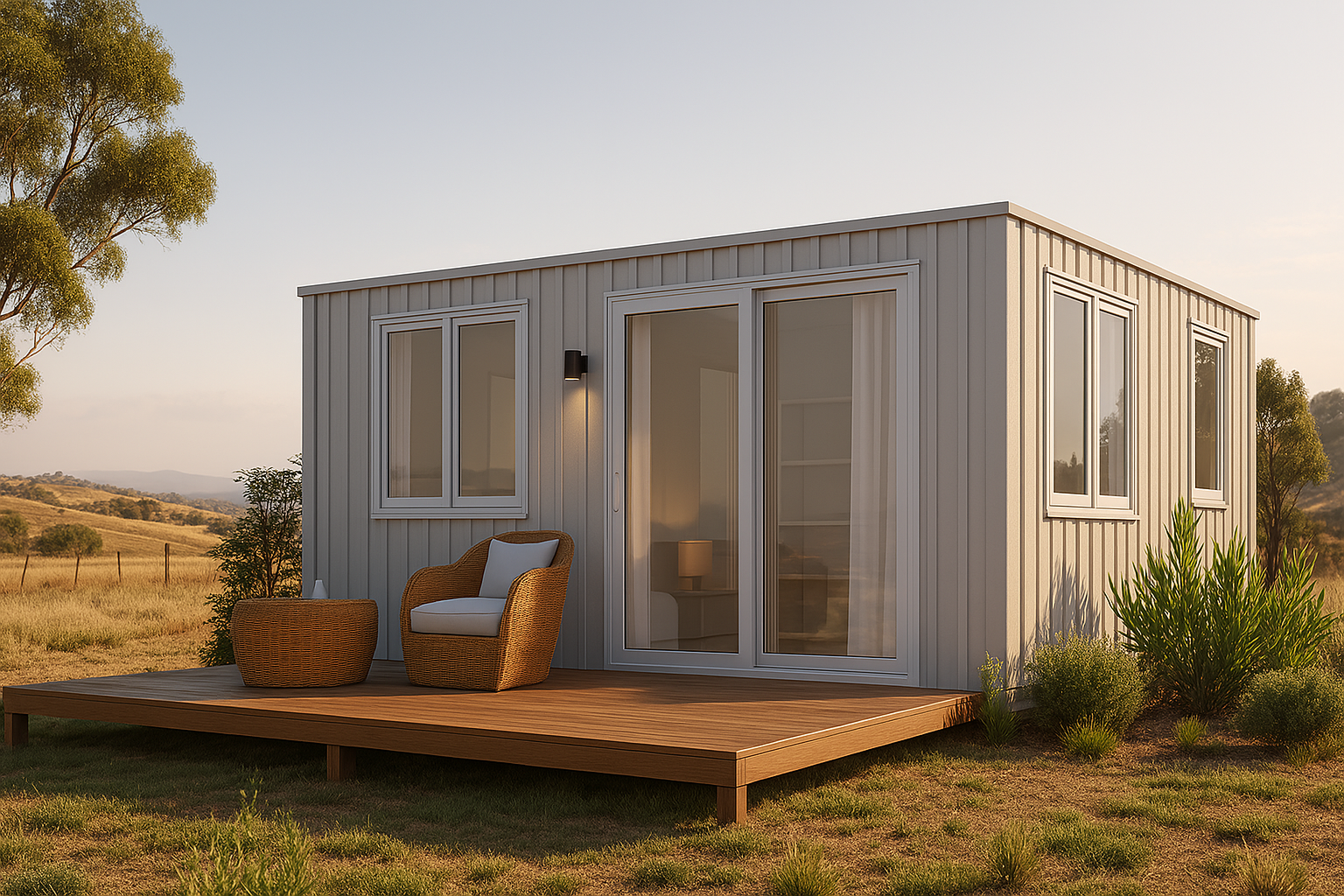 Modular home with a wooden deck and outdoor furniture in a natural setting