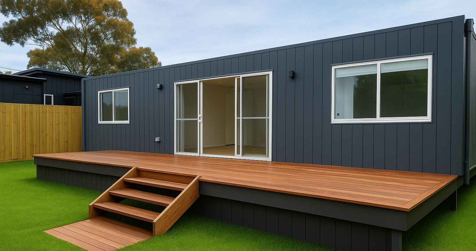 Modern house with a wooden deck and stairs on a clear day